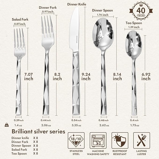 40 Piece 18/10 Silverware Set, Stainless Steel Flatware Cutlery set for 8 | KINGSTONE Luxury Silverware with Diamond Cut Pattern, Mirror Polished Utensils for Kitchen, Wedding, Party, Dishwasher Safe