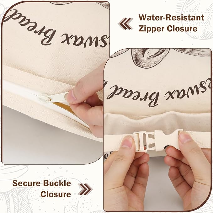 Beeswax Bread Bag with Loaf Label Holder & Reusable Writable Card | Included User Manual & Care Instructions,Waterproof Zipper Closure,Roll-Top Buckle Design,Sourdough Homemade Bread Storage