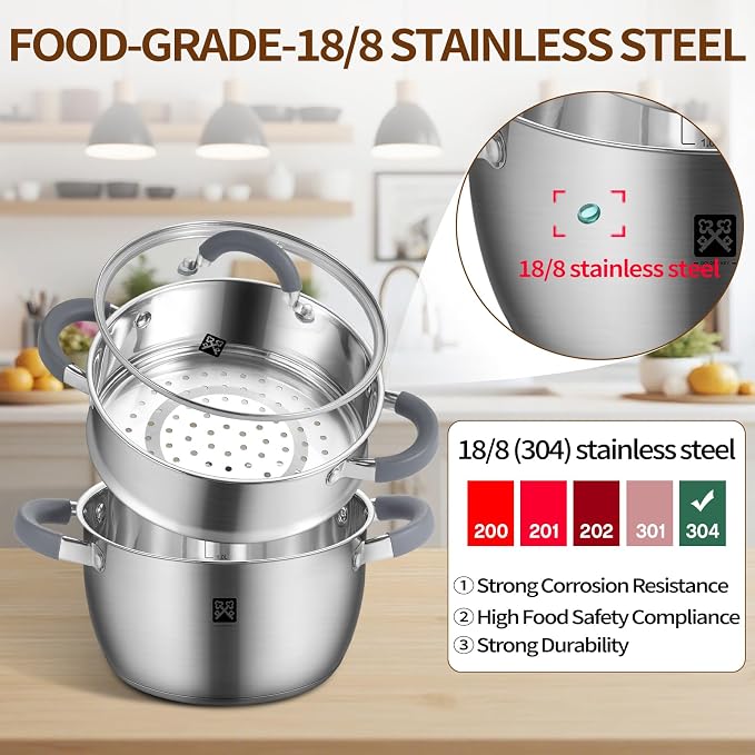GOLDEN KEY 3.2 QT Steamer Pot With Lid - 2-Tier 18/8 Stainless Steel，Multipurpose Steaming Cookware with Vegetable Steam Basket, Oven & Dishwasher Safe, Triple Bottom for Even Heating, Perfect for Dumplings, Seafood and Vegetables