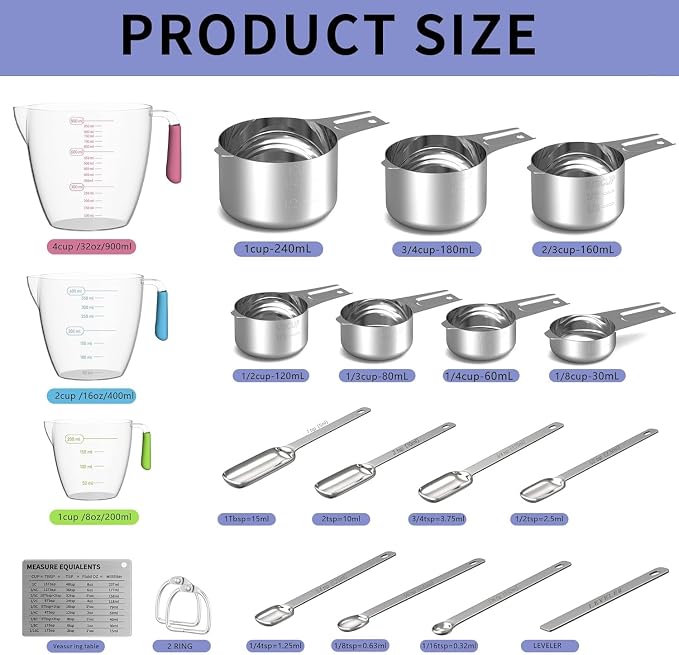 Stainless Steel Measuring Cups and Spoons Set, 6 Stainless Steel Measuring Cups, 7 Measuring Spoons & 1 Leveler, 3 Plastic Measuring Cup with 1 Measuring Conversion Chart