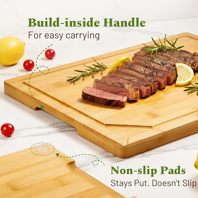 Kikcoin 3+1 Piece Self-Draining Bamboo Cutting Boards, Wooden Cutting Boards for Charcuterie, Vegetables, Cheese, Bread, Extra Large Chopping Boards with Deep Juice Groove and Handle, Natural