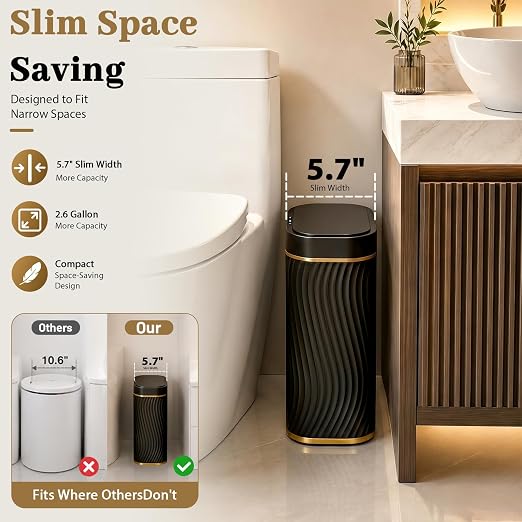 2.6 Gallon Automatic Bathroom Trash Can with Touchless Lid, Black Gold | Motion Sensor Trash Can with Slim Waterproof Body; Small Plastic Garbage Can, hands-free lid for Bedroom, office, and kitchen