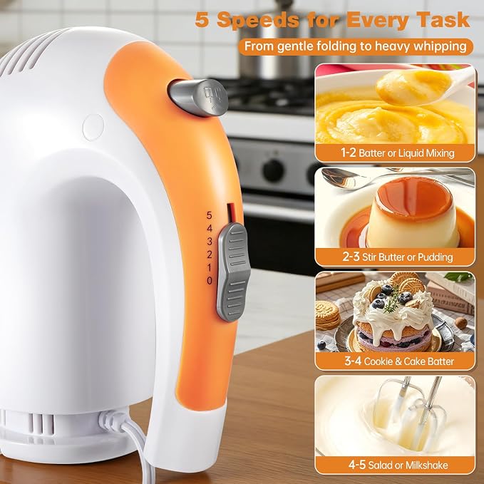 5-Speed 300W Hand Mixer Electric – Powerful Compact for Baking | Handheld Mixer Electric with 5 Stainless Steel Attachments – Egg Beater for Cakes, Bread, Cookies & Home Baking