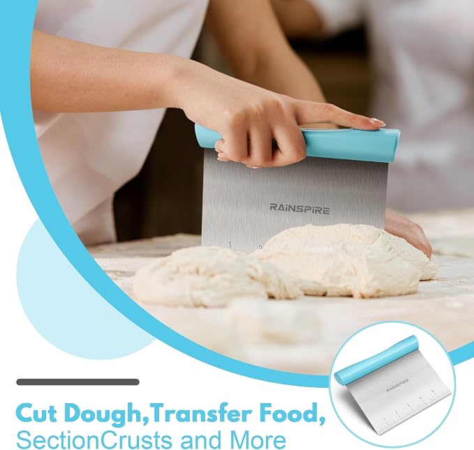 Upgraded 304 Stainless Steel Multi-Purpose Bench Scraper with Measurement Marks, Dishwasher Safe, Dough Cutter for Pizza, Bread and Cookie Dough Vegetable Chopper, Baking Supplies, Blue