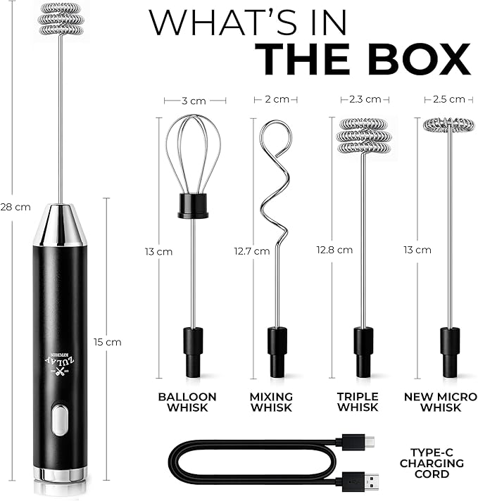 Zulay Kitchen Rechargeable Milk Frother Handheld - Frother Wand, Drink Mixer, Electric Whisk Frother, for Cappuccinos, Matcha & Protein Powder - Ultra Metal 4 Whisk, 1800mAh Black