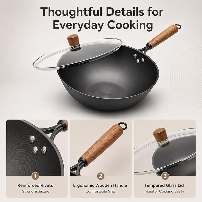 Carbon Steel Wok with Glass Lid, 12.6 Inch Flat Bottom Stir Fry Pan, Rolled Edge Spun Wok Pan, Coating-Free Wok for Induction, Gas & Electric Cooktops, 3–4 Servings