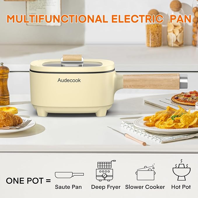 Audecook 2L Hot Pot Electric, Non-Stick electric pot, Portable Pot lazy | Dual Power Control Electric Pot For Cooking Steak, Egg, Ramen, Oatmeal & Soup | Portable Pot for Dorm, RV, Travel & Camping