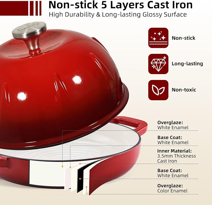 Davivy Enameled Cast Iron Sourdough Dutch Oven, 5QT Dutch Oven for Sourdough Bread, Round Cast Iron Bread Pan Bread Cloche - Cherry Red