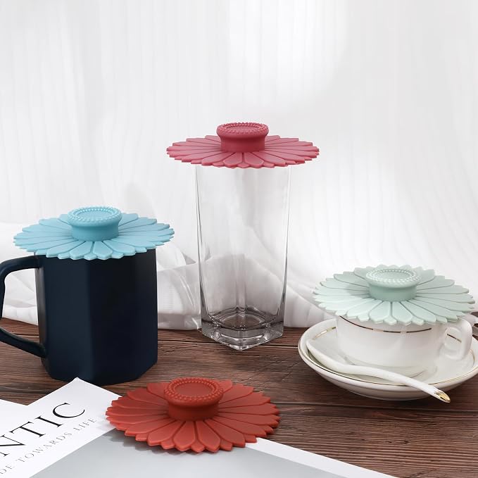 4 Pcs Sunflower Silicone Stretch Lids Multicolored for Mugs, Cups, Bowls, Glass Containers, Silicone Cup Covers Food Grade Dust-proof Alright Seal for Coffee and Tea