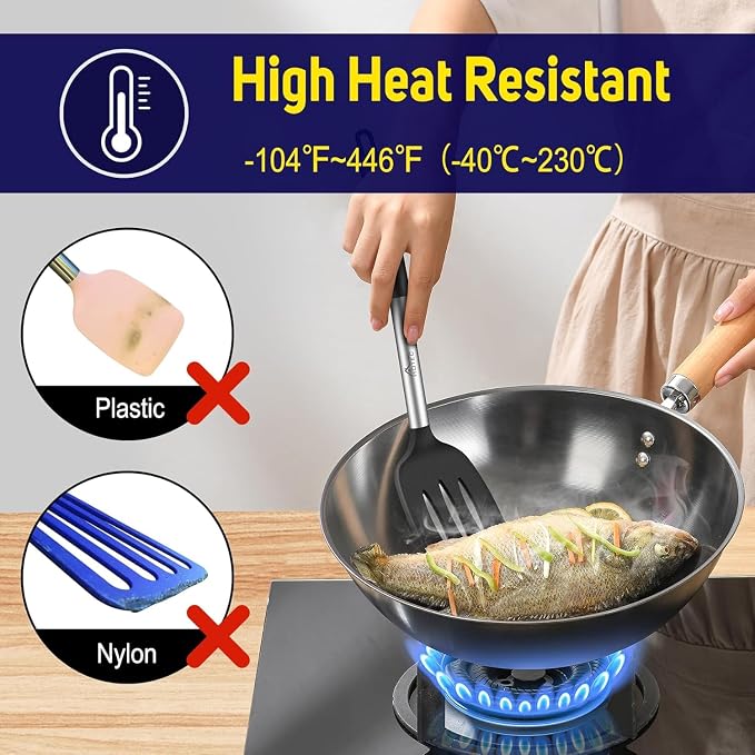 HOTEC Silicone Spatula Set of 2, High Heat-Resistant & BPA-Free Kitchen SaptulaTurner with Stainless Steel Handles, Slotted & Solid Spatulas for Nonstick Cookware, 13.7 Inch, Black