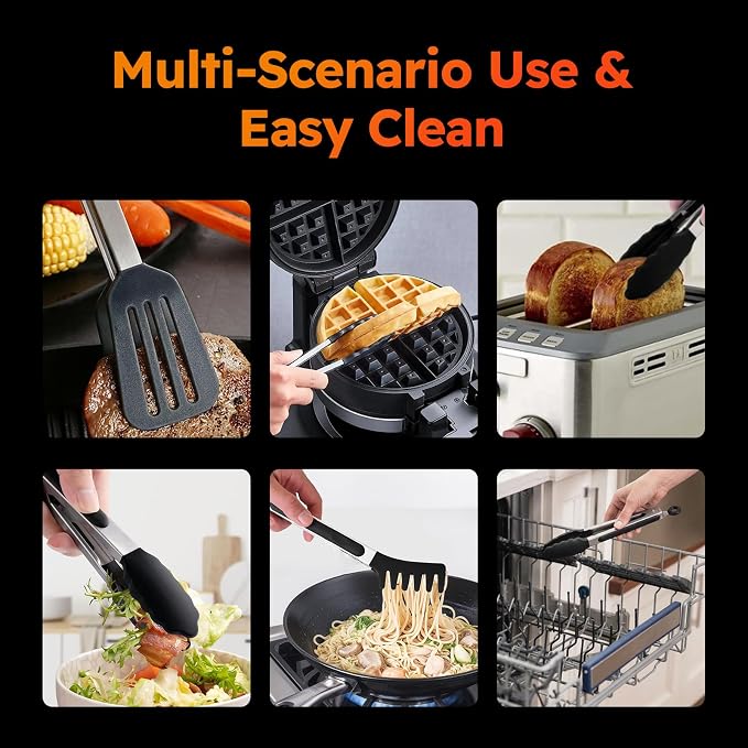 HST Tongs for Cooking with Silicone Tips(3 Pack), Non Stick Kitchen Tongs with Silicone Tip for Cooking BBQ Baking (9", Black)