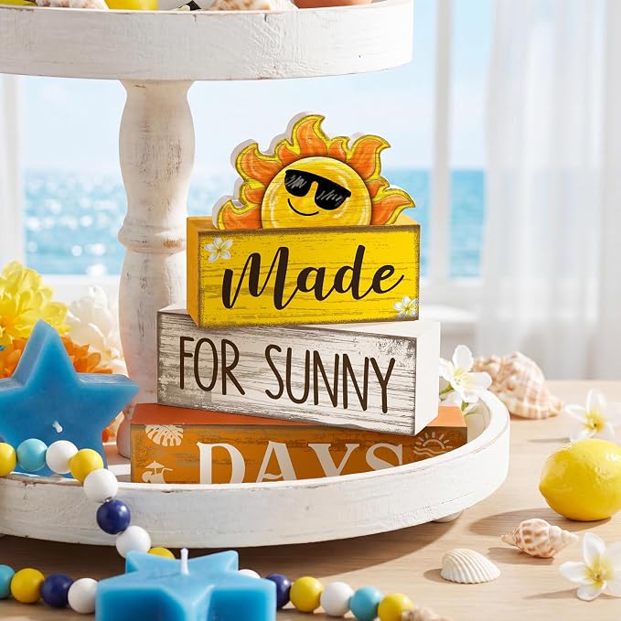 Lineshading 4 Pcs Summer Table Decor Farmhouse Wooden Sun Beach Block Signs | Rustic Tiered Tray Decorations for Summer Home Decor, Sunny Days Theme Wooden Blocks with Sun Design