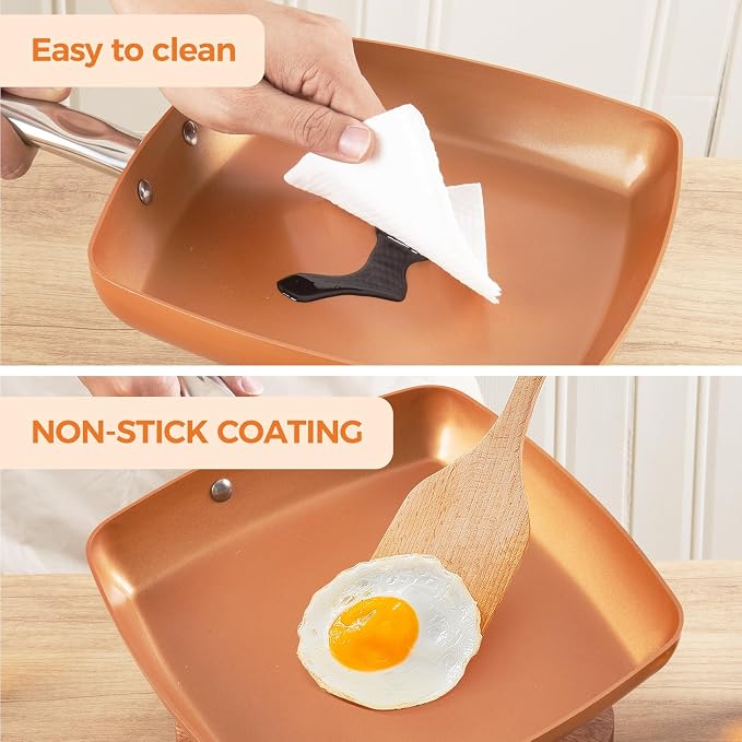 Toutrop 2 Pcs Non-stick Copper Frying Pan Set, 10" & 9.5" Chef Skillet with Ceramic Coating, Oven Dishwasher Safe, PFOA-Free, Home Use for All Stoves,10" Round+9.5" Square