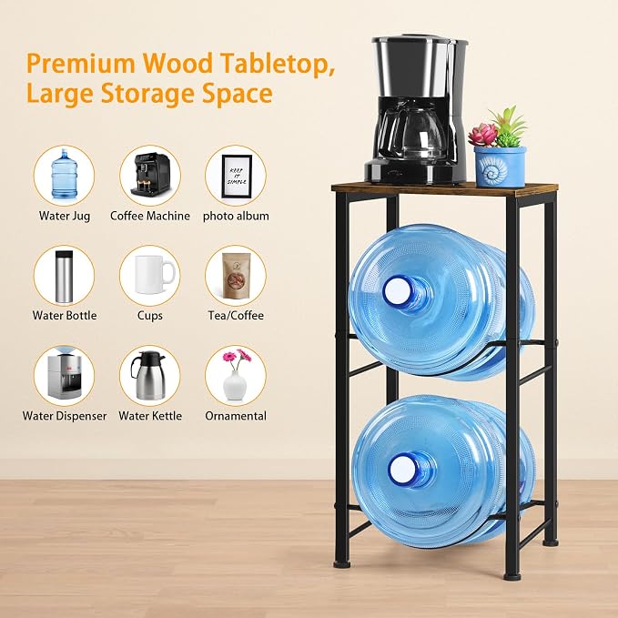 Brown Heavy Duty 5 Gallon Water Bottle Holder - 2 Tier Water Cooler Storage Rack With Top Shelf - Dispenser Stand for Kitchen, Living Room, Office