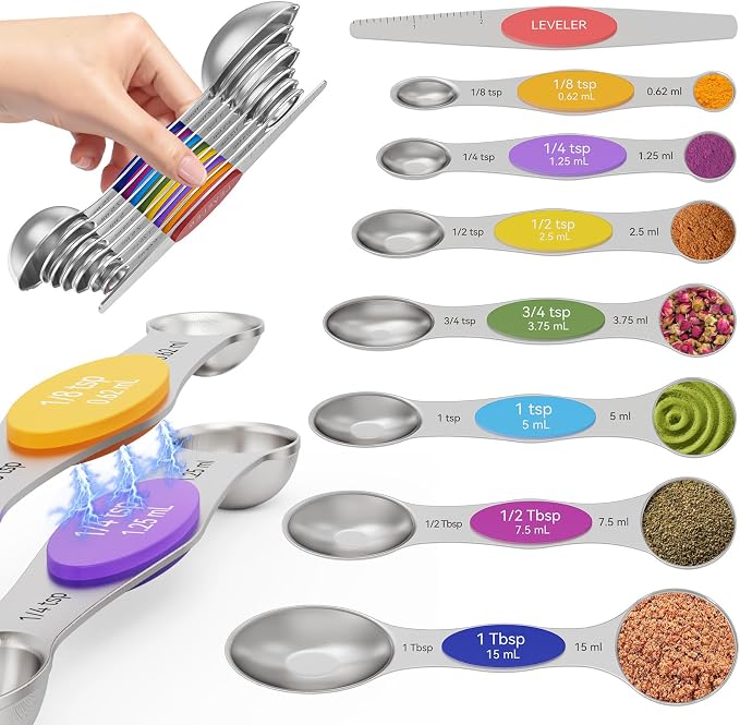 Magnetic Measuring Spoons Set with Measurement Markings | Colorful | Heavy duty 304 stainless steel spoons with strong N52 magnets & triple measurement markings for easy nesting & cleaning.