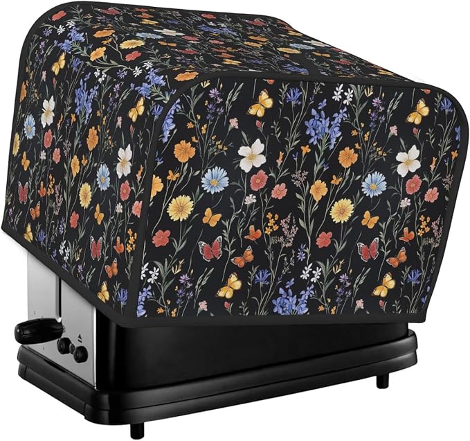 4 Slice Toaster Cover Vintage Botanical Flower Wildflower Dust Proof Washable Kitchen Appliance Cover with Pocket, Oxford Fabric Countertop Toaster Protector for Standard Toasters Small Appliances