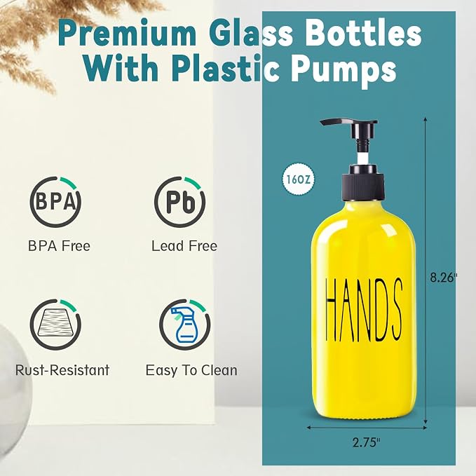COHOSEGE Glass Soap Dispenser Set 2 Pack,16 Oz Dish Soap Dispenser for Kitchen Sink,Lemon Kitchen Decor and Accessories,Yellow Decorations and Kitchen Utensils for Kitchen