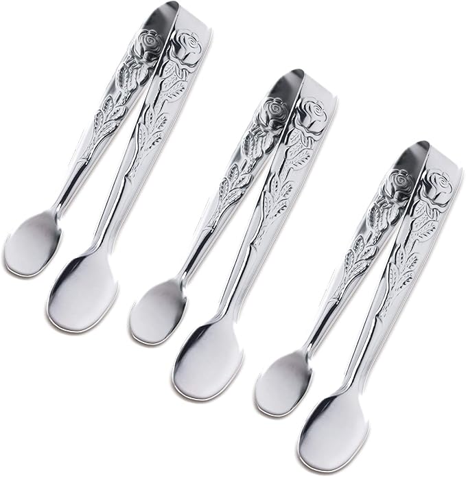3PCS Mini Serving Tongs, 4Inch Rose Stainless Steel Sugar Cube Tongs, Sliver Small Ice Tong for Tea and Coffee Party, Appetizers, Desserts by Sunenlyst (Silver)