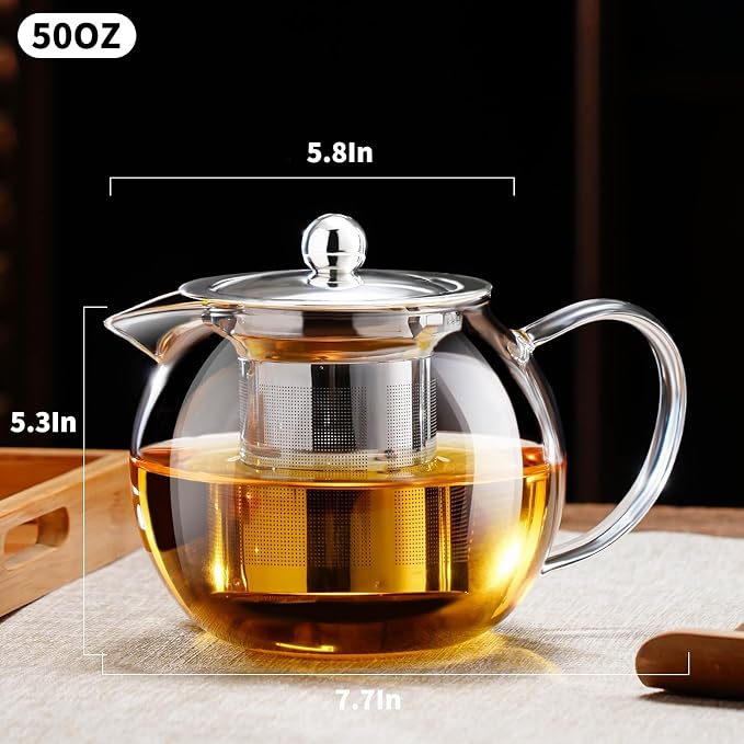 PARACITY Glass Teapot for Stovetop, 50 oz Clear Tea Kettle with Infuser | Removable 18/8 stainless steel strainer brews loose leaf, herbal and blooming teas; borosilicate body suits microwave use
