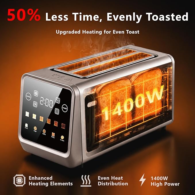 SAKAMOSH 4 Slice Long Slot Touch Screen Toaster, Stainless Steel | Wide Slots Fit Thick Bread & Bagels, 6 Browning Levels, Defrost & Reheat, Removable Crumb Tray, Great for Family Breakfast