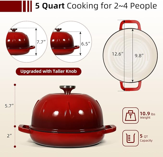 Davivy Enameled Cast Iron Sourdough Dutch Oven, 5QT Dutch Oven for Sourdough Bread, Round Cast Iron Bread Pan Bread Cloche - Cherry Red