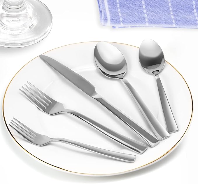 Silverware Set for 8, 40 Pieces Flatware Cutlery Set Stainless Steel | Luxury Steak Knife Fork and Spoon Set, Square Handles, Mirror Polished, Dishwasher Safe, for Home Kitchen Restaurant Weddings