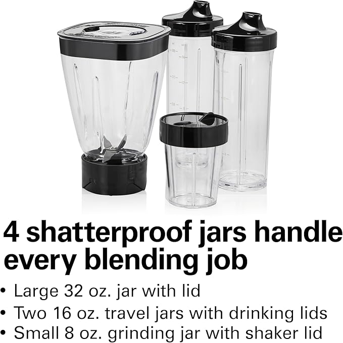 Hamilton Beach MultiBlend Blender for Smoothies with BPA Free 32 oz. Jar | 8oz Grinder for Nuts & Spices | 2 Portable Personal Blender Travel Cups | 650 Watts | Black and Stainless | 52400