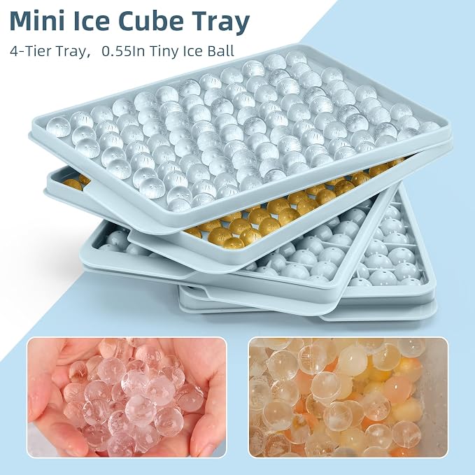 Mini Ice Cube Trays for Freezer with Lid, 0.55" Pebble Ice | 4 Trays-Blue, with Ice Box & Scoop. for Coffee, Bottle, Juice & Drinks, Easy Twist Release, Stackable