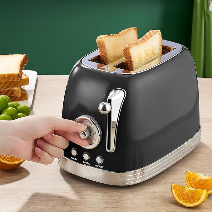 Wiltal Retro Toaster 2 Slice, 1.58" Extra Wide Slot Stainless Steel with Dust Cover and Warming Rack, Glossy Black Finish with Defrost/Reheat/Cancel Functions, Removable Crumb Tray