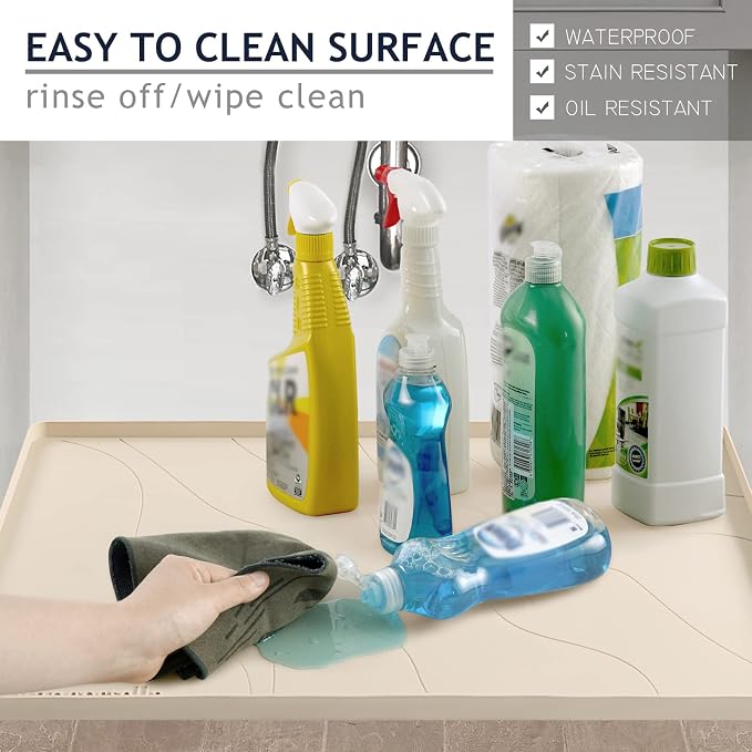 Heavy Duty Silicone Under Sink Mats for Kitchen Waterproof 25" x 22", Extra Thick Under Sink Rubber Mat Drip Tray, Raised Edge Under Sink Liner,Prevent Drips, Leaks, Spills,Taupe