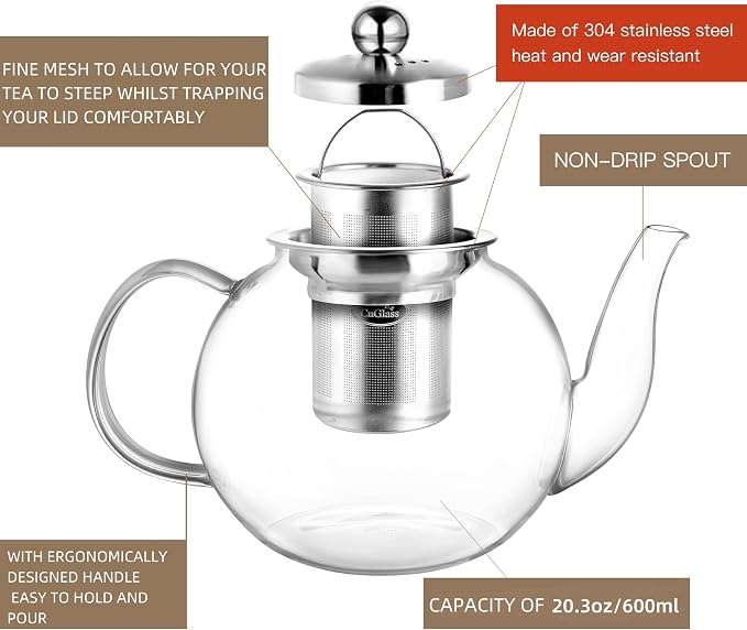 CNGLASS 600ml Glass Teapot with Removable Infuser,Clear Tea Kettle Stovetop Safe,Blooming and Loose Leaf Tea Maker
