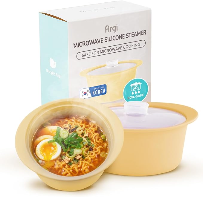 27oz Platinum Silicone Microwave Steamer Pot with Handle & Lid - Korean 100% Food-Grade Steamer Bowl, Heat-Resistant Cooker with Steam Holes, Easy Clean, Dishwasher Safe, Yellow