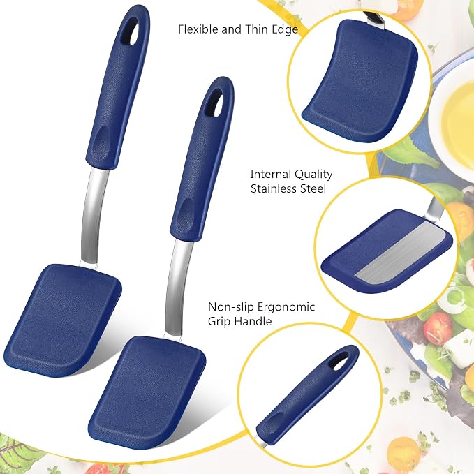 Silicone Cookie Spatula Turner 2 Pack Mini Brownie Spatula Flexible Kitchen Small Silicone Turner for Nonstick Cookware Heat Resistant No Scratch Flipper for Egg(Solid Flat,Blue)