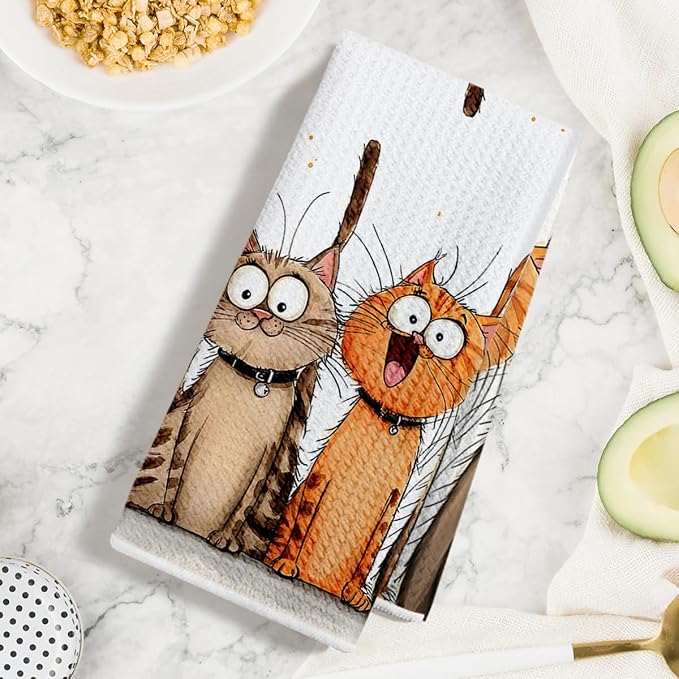 Jztco 2 Pcs Cute Cat Kitchen Towels, Cats Soft Absorbent Hand Tea Towel | Microfiber Dish Cloths for Drying Dishes, Waffle Dish Towels for Kitchen Bathroom Decor, Cat Lover Gifts for Women