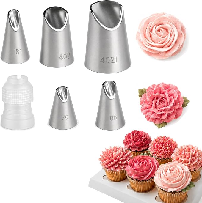6 Pcs Cake Decorating Tips, Rose Flower Piping Tips Set with Coupler, 304 Stainless Steel Icing Nozzles for Buttercream Frosting, Cookie, Pastry, Dessert Baking for Home Bakers (79/80/81/402/402L)
