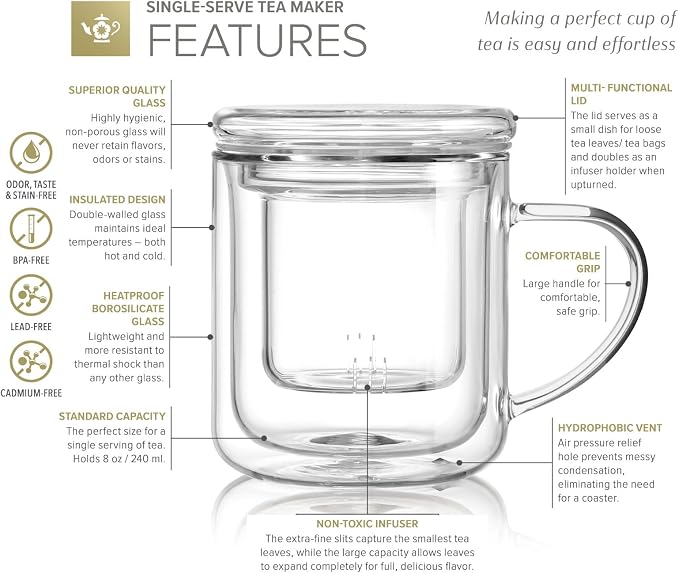 Teabloom Heatproof and Insulated Borosilicate Glass Tea Cup with Infuser for Whole-Leaf Loose Tea – Tea Purist's Choice – Wellbeing Double-Walled Infusion Mug with Lid (8 oz)