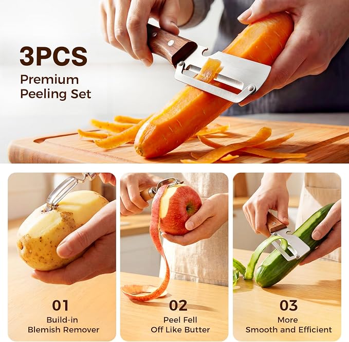 3-Pack Multi-Functional Vegetable Peeler for Kitchen Fruit Potato | 2026 Upgraded Ultra Sharp Stainless Steel Peelers with Ergonomic Wood Handle for Apple, Carrot, Pumpkin & kitchen Cooking