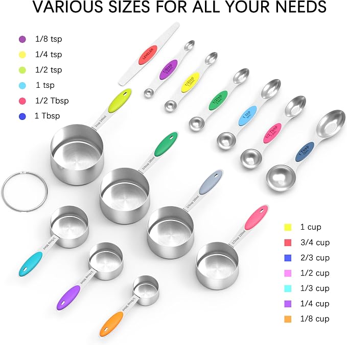 TILUCK Nesting Measuring Cups and Spoons Set, Stainless Steel with Soft Silicone Handle – Heavy Duty & Dishwasher Safe for Measuring Dry/Liquid Ingredients, Ideal for Cooking & Baking (14)