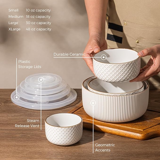 GBhome Ceramic Mixing Bowls Set of 4, Stoneware Nesting Serving Bowls | 48/30/18/10 oz For Prep, Baking, Serving, Gift, Microwave and Dishwasher Safe, Embossed Dishware Collection-Off White