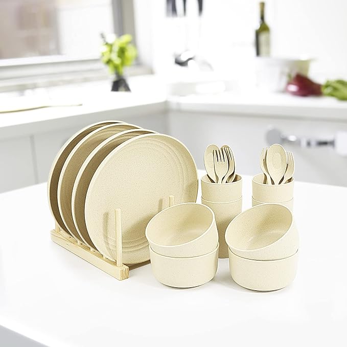 Wheat Straw Dinnerware Sets, 20pcs Lightweight Unbreakable Dinnerware, Microwave Dishwasher Safe Bowls Cups Forks Spoons set,Perfect for Camping Outdoor, Beige