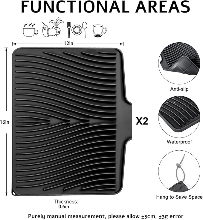 TIKNIK Silicone Dish Drying Mat for Kitchen Counter, Black-2pcs, 16" x 12" | Heat Resistant & Non-Slip Dish Drain Pad with Built-In Drain, Dishwasher Safe, Quick-Dry, Hangable & Roll-Up for Storage