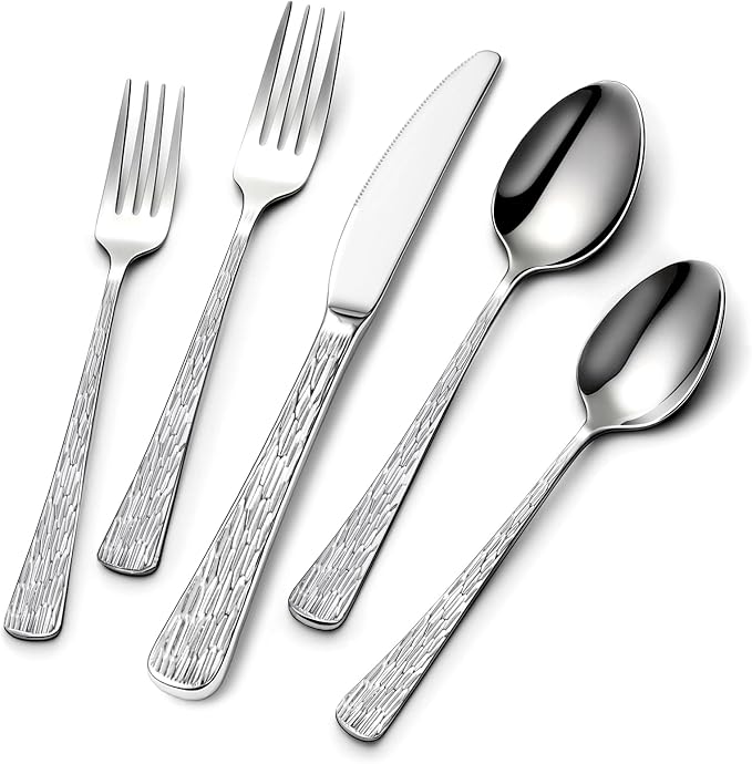 Yoehka 60Piece Hammered Silverware Set,Stainless Steel Flatware Set for 12 | Tree Pattern Handles, Mirror Polished Cutlery Set, Include Spoons/Forks/Knives, For Home, Restaurant, Hotel, Dishwasher Safe