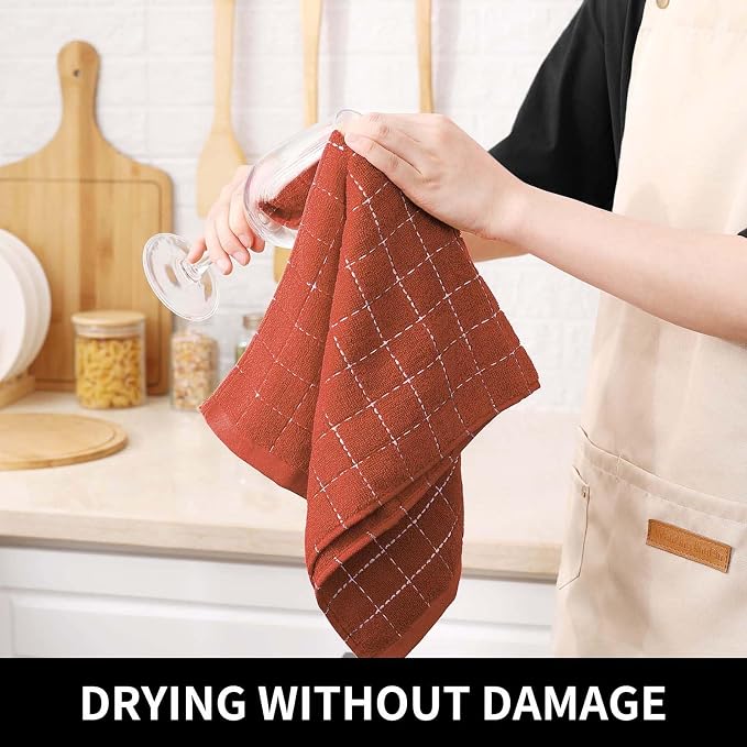 Homaxy Kitchen Towels and Dishcloths Set, Set of 10, Rust | Bulk Cotton Terry Kitchen Towels, Checkered Designed, Soft and Super Absorbent Dish Towels, 12 x 12 and 13 x 28 Inches