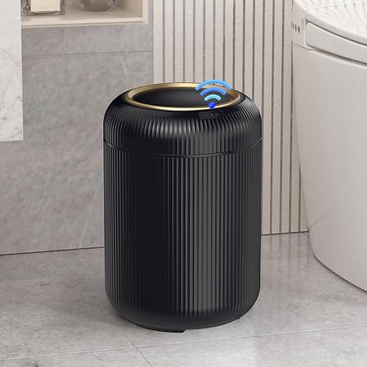 Motion Sensor Bathroom Trash Can with Lid,Black and Gold Garbage Can | 3 Gallon Automatic Bathroom Garbage Cans,Black Garbage Bin,Touchless Sensor Trash Bin,Small Waste Basket for Bedroom,Office