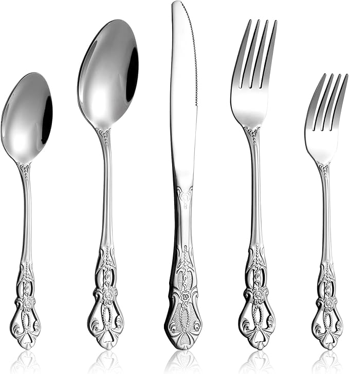 Cididu 40 Pieces Retro Royal Silverware Set for 8, Stainless Steel Flatware Set, Dishwasher Safe Dinnerware Set Including Forks Spoons and Knives, Vintage Cutlery Set for Wedding, Party and Christmas