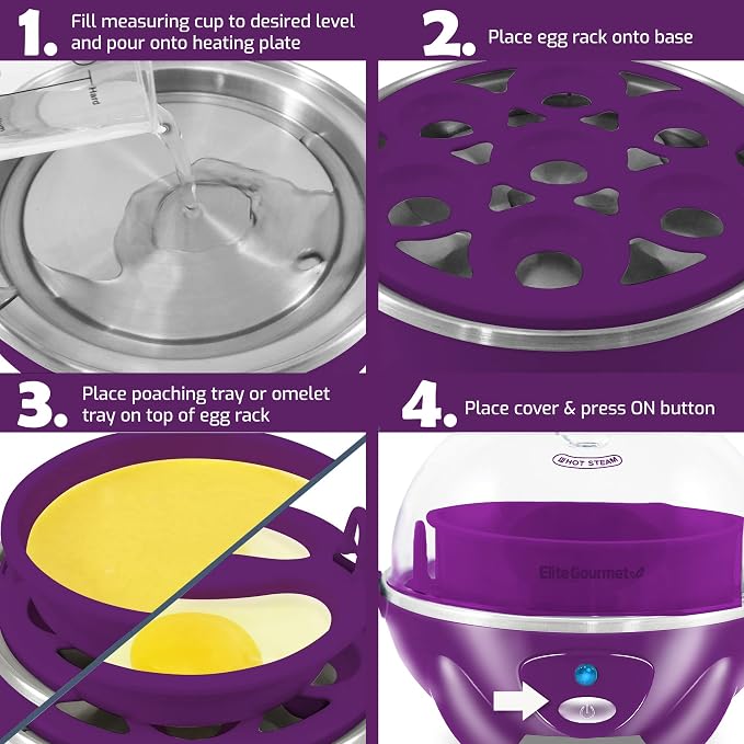 Elite Gourmet EGC700P Rapid Egg Cooker, 7-Egg, BPA-Free, Eggplant