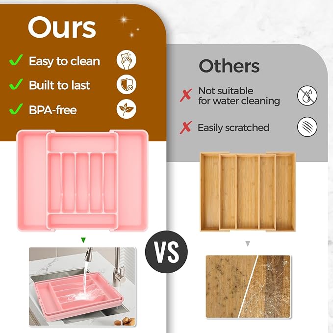 ukeetap Extra Large Expandable Silverware Organizer, Flatware Tray, Pink | BPA-Free Food-Safe Kitchen Utensil Cutlery Drawer Organizer, Adjustable Silverware Holder for Spoons Forks Knives