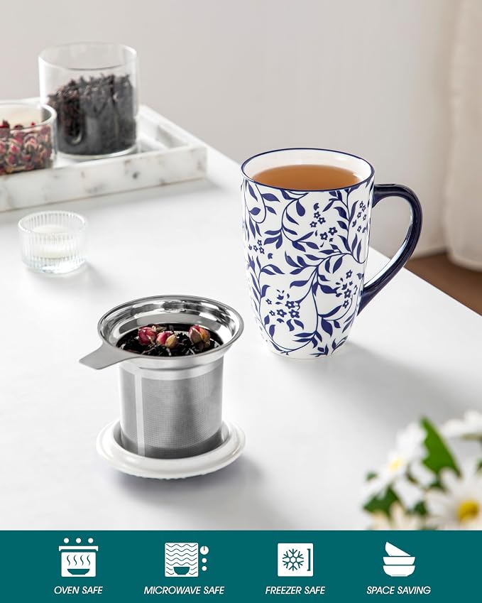 vancasso SELENE Porcelain Tea Mug, 18 oz Porcelain Tea Cup with Infuser and Lid Steeps Loose Leaf Tea, Microwave & Dishwasher Safe, Delicate Floral