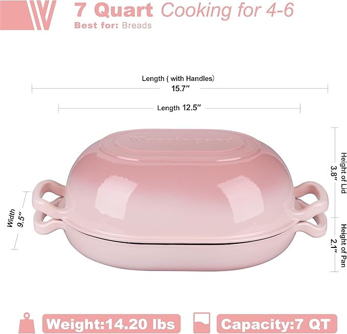 VORRINGARD Enameled Cast Iron Sourdough Bread Oven, Dutch Oven, Loaf Cast Iron Bread Pan for Homemade Bread Baking, Meatloaf Pan with Lid, 7QT, Pink
