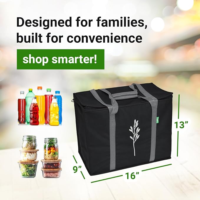 Green Bulldog 2Pack Insulated Grocery Bags – Foldable Reusable Cooler Bags with Handles for Everyday Use, Groceries, Food Delivery, and Shopping – 16”x9”x13”, Black
